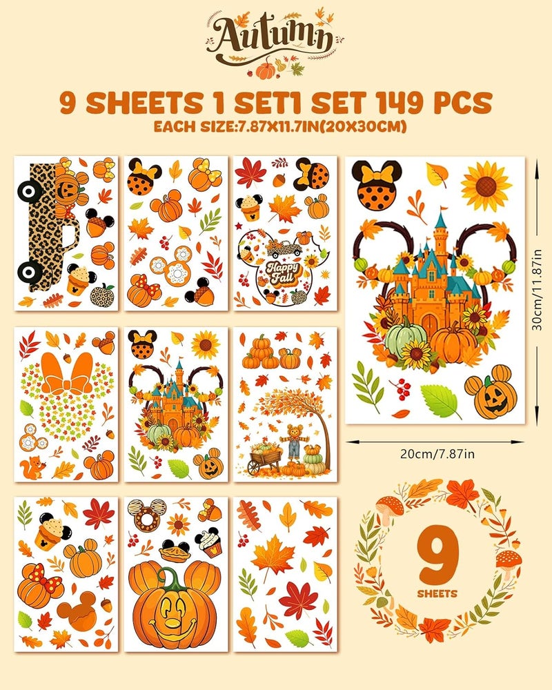 JMHACHY Fall Window Clings - 9 Sheets 149 Pcs Fall Decorations for Autumn Thanksgiving Harvest Home Party, Pumpkin Leaves Car Maple Castle Acorns Stickers for Glass, Double-Sided Static Window Decals - Image 2